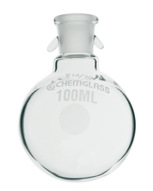 A photograph of a CG-1507-11 100 mL round bottom flask with  a 14/20 joint bearing hooks.