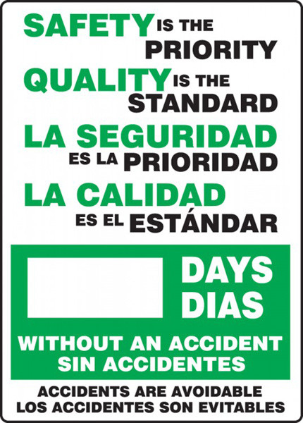A photograph of a 06300 bilingual english/spanish write-a-day dry erase safety scoreboards.