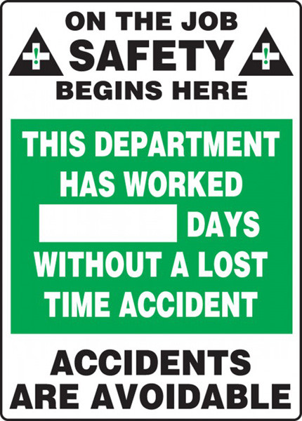 A photograph of a 06301 this department has worked __ days without a lost time accident write-a-day dry erase safety scoreboards.