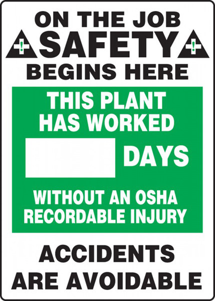 A photograph of a 06305 this plant has worked __ days without an osha recordable injury write-a-day dry erase safety scoreboards.