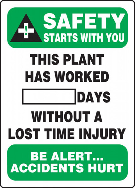 A photograph of a 06304 this plant has worked __ days without a lost time injury write-a-day dry erase safety scoreboards.