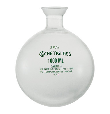 A photograph of a CG-1508-P-34 1,000 mL flask with 35/25 spherical neck and plastic safety coating.