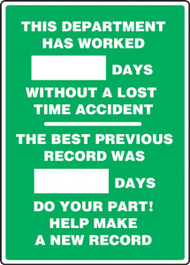A photograph of a 06307 this department has worked _ days...previous record 2-field write-a-day dry erase safety scoreboards.