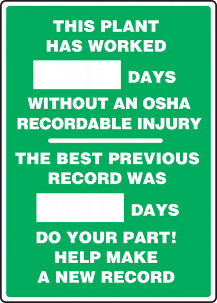 A photograph of a 06309 this plant has worked _ days without an osha recordable injury 2-field write-a-day dry erase safety scoreboards.