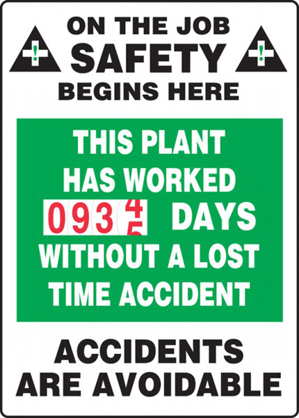 A photograph of a 06316 this plant has worked __ days without a lost time accident turn-a-day dry erase safety scoreboards.