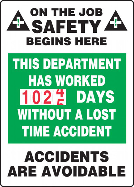 A photograph of a 06317 this department has worked __ days without a lost time accident turn-a-day dry erase safety scoreboards.