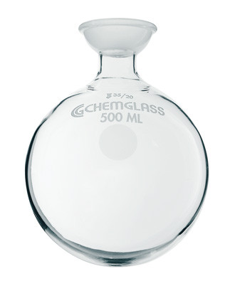 A photograph of a CG-1508-33 500 mL round bottom flask with a 35/20 spherical socket joint.