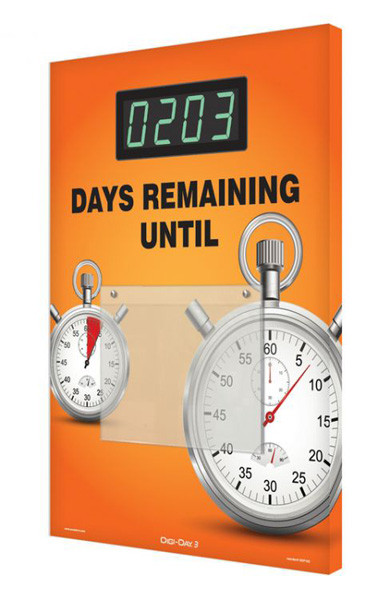 A photograph of a 06217 countdown digi-day® 3 electronic scoreboard: ____ days remaining until w/ stopwatch.