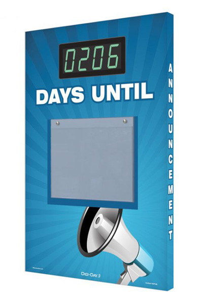 A photograph of a 06219 countdown digi-day® 3 electronic scoreboard: ____ days until, w/megaphone.