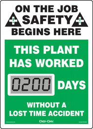 A photograph of a 06230 mini digi-day® safety scoreboard: this plant has worked ____ days without a lost time accident.