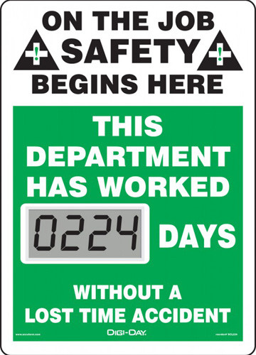 A photograph of a 06232 mini digi-day® safety scoreboard: this department has worked ____ days without a lost time accident.