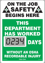 A photograph of a 06233 mini digi-day® safety scoreboard: this department has worked ____ days without an osha recordable injury.