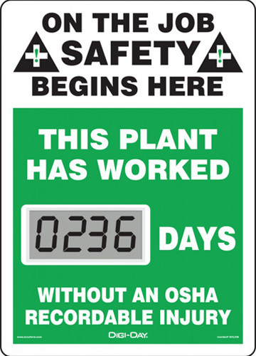 A photograph of a 06234 mini digi-day® safety scoreboard: this plant has worked ____ days without an osha recordable injury.