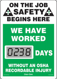 A photograph of a 06235 mini digi-day® safety scoreboard: we have worked ____ days without an osha recordable injury.