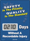 A photograph of a 06236 mini digi-day® safety scoreboard: safety is the priority - quality is the standard - ____ days without a recordable injury.