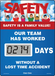 A photograph of a 06237 mini digi-day® safety scoreboard: safety is a family value - our team has worked ____ days without a lost time accident.