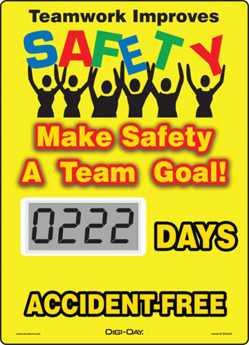 A photograph of a 06238 mini digi-day® safety scoreboard: teamwork improves safety - make safety a team goal - ____ days accident free.