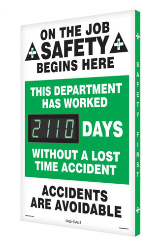 A photograph of a 06321 digi-day® 3 electronic scoreboard: this department has worked ____ days without a lost time accident.
