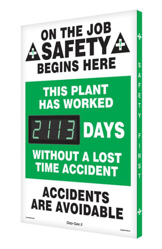 A photograph of a 06323 digi-day® 3 electronic scoreboard: this plant has worked ____ days without a lost time accident.