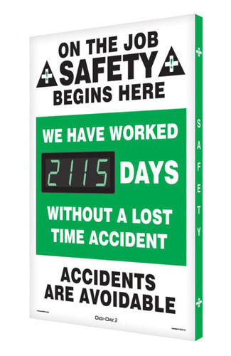 A photograph of a 06325 digi-day® 3 electronic scoreboard: we have worked ____ days without a lost time accident.