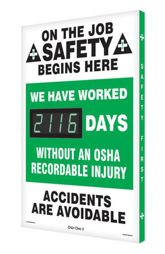 A photograph of a 06326 digi-day® 3 electronic scoreboard: we have worked ____ days without an osha recordable injury.
