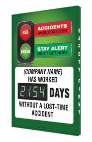 A drawing of a 06328 Digi-day® 3 electronic scoreboard with text of avoid danger - stay alert don't get hurt  (company name) has worked ____ days without a lost time accident.