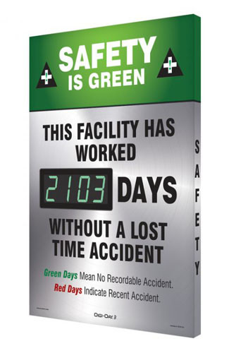 A photograph of a 06330 digi-day® 3 electronic scoreboard: safety is green - this facility has worked ____ days without a lost time accident.