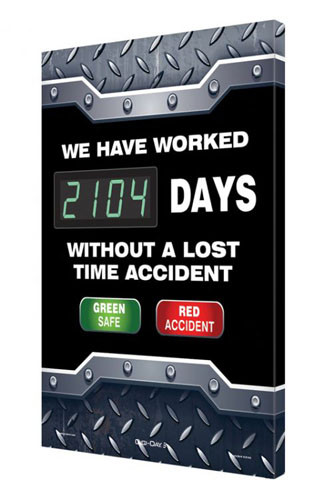 A photograph of a 06331 digi-day® 3 electronic scoreboard: we have worked ____ days without a lost time accident - green safe - red accident.