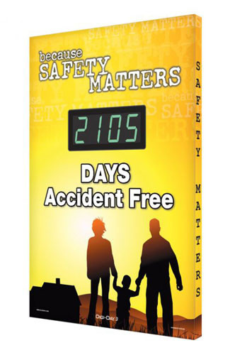 A photograph of a 06332 digi-day® 3 electronic scoreboard: because safety matters - ____ days accident free.
