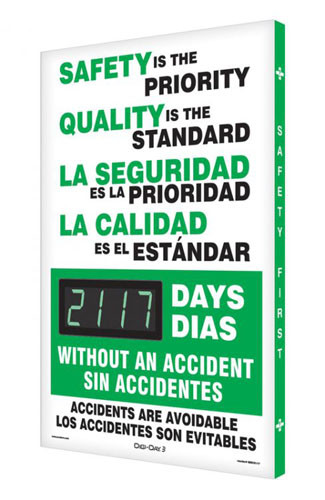 A photograph of a 06327 digi-day® 3 electronic scoreboard: safety is the priority - quality is the standard - ____ days without an accident.