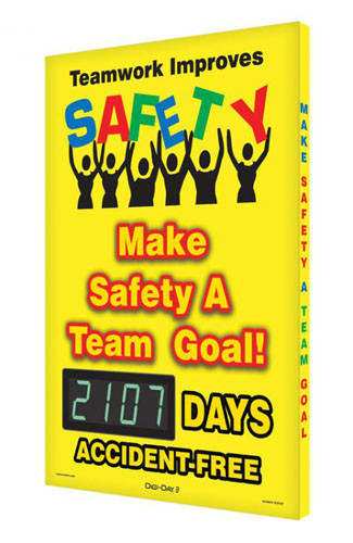 A photograph of a 06334 digi-day® 3 electronic scoreboard: teamwork improves safety! - make safety a team goal! - ____ days accident free.