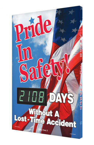 A photograph of a 06335 digi-day® 3 electronic scoreboard: pride in safety! ____ days without a lost time accident.