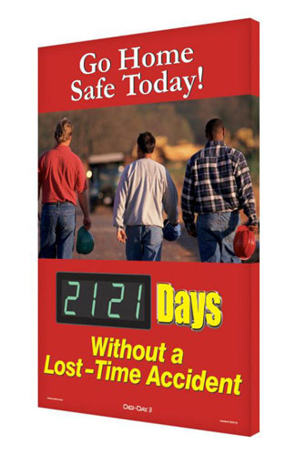 A photograph of a 06337 digi-day® 3 electronic scoreboard: go home safe today - ____ days without a lost time accident.