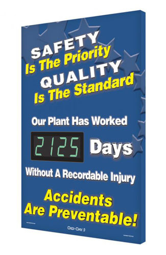 A photograph of a 06340 digi-day® 3 electronic scoreboard: safety is the priority - quality is the standard- our plant has worked ____ days without a recordable injury - accidents are preventable.