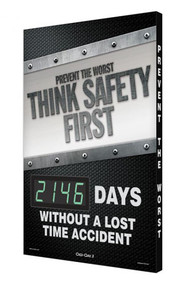 A photograph of a 06341 digi-day® 3 electronic scoreboard: prevent the worst think safety first - ____ days without a lost time accident.