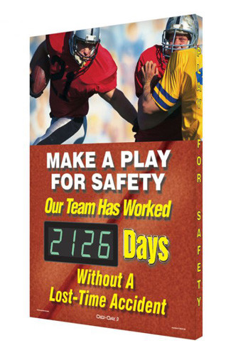 A photograph of a 06342 digi-day® 3 electronic scoreboard: make a play for safety - our team has worked ____ days without a lost-time accident, football style 1.
