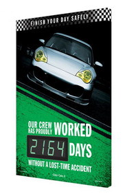 A photograph of a 06355 digi-day® 3 electronic scoreboard: finish your day safely - our crew has proudly worked ____ days without a lost-time accident, racing style 3.