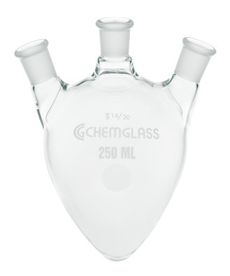 A photograph of a cg-1559 flask, pear shape, heavy wall, three 14/20 necks.