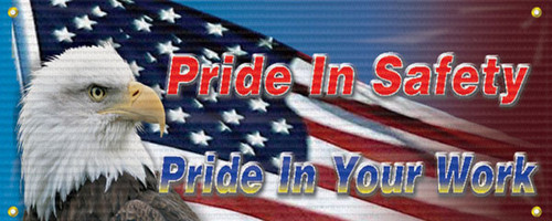 Drawing of the patriotic safety banner with an eagle and flag. There is the red text Pride In Safety, and blue text Pride In Your Work. 
