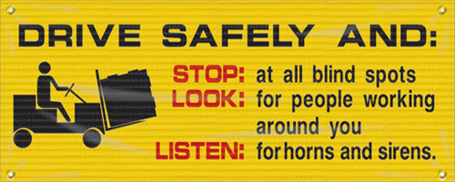 Drawing of the yellow Drive Safely And: Stop, Look, Listen Safety Banner.