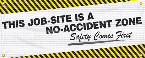 Drawing of the white, and yellow-black striped Safety Comes First Safety Banner.