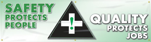 Picture of Workplace Safety Banner that features a cool light green background, the image of a large ANSI-style safety cross, and wording "Safety Protects People" in powerful green, and "Quality Protects Jobs" in bold white text.