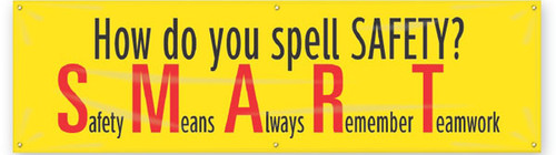Picture of Workplace Safety Banner that features a bright yellow background, and wording "How Do You Spell Safety?" in bold black text in the upper half. Below is the wording "Safety Means Always Remember Teamwork" with the first letter of each word being in large red text, spelling out "SMART".