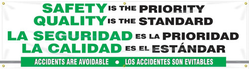 Picture of Workplace Safety Banner that features a professional white background, and wording "Safety is the Priority, Quality is the Standard" in bold black and green text in the upper half. Below is the wording "Accidents Are Avoidable" in clear white text on a cool green background. All text is also written in Spanish.

