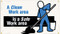 Picture of Workplace Safety Banner that features a professional white background, and wording "A clean work area" in bold blue text. Continued just below it in clean white text on a black stripe is "is a safe work area". On the right side of the poster is a worker in blue clothes with a mop.