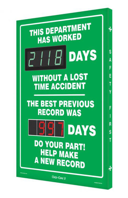 A photograph of a 06385 Digi-Day® 3 double display scoreboard: this department has worked ____ days without a lost time accident - the best previous record was ____ days.