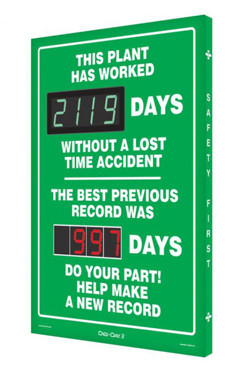 A photograph of a 06386 Digi-Day® 3 double display scoreboard: this plant has worked ____ days without a lost time accident - the best previous record was ____ days.