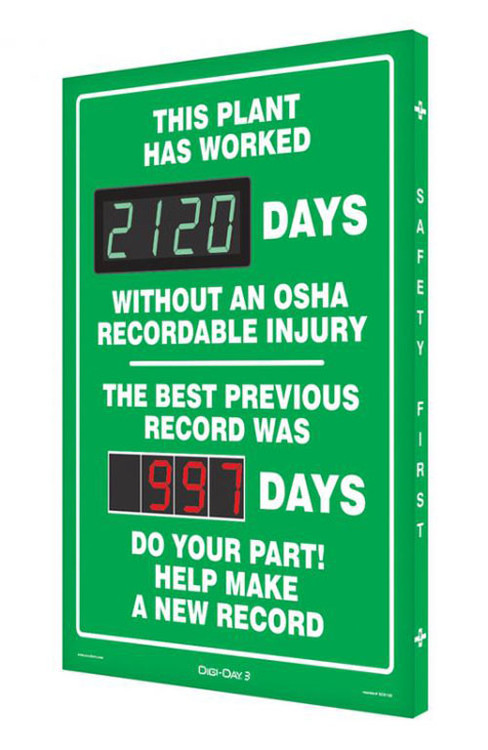 A photograph of a 06387 Digi-Day® 3 double display scoreboard: this plant has worked ____ days without an OSHA recordable injury - the best previous record was ____ days.