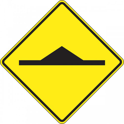 A photograph of a yellow and black 06253 speed bump sign, with speed bump image.