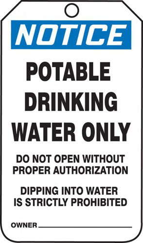 A photograph of front of a blue and white 11065 OSHA notice safety tag, reading potable drinking water only.